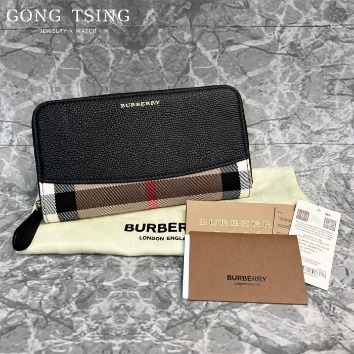 公信精品】特價BURBERRY長夾經典HOUSE格紋小牛皮拉鍊長夾黑色格