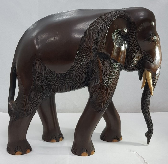 【日本古漾】142004 日本木製 木雕 大象置物 仿真美品 長:34cm 高:31cm厚重 稀有