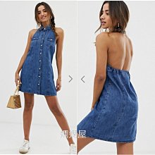 (嫻嫻屋) 英國ASOS-簡單時尚丹寧藍色牛仔denim削肩襯衫領繞頸露美背寬鬆造型裙洋裝 現貨UK8