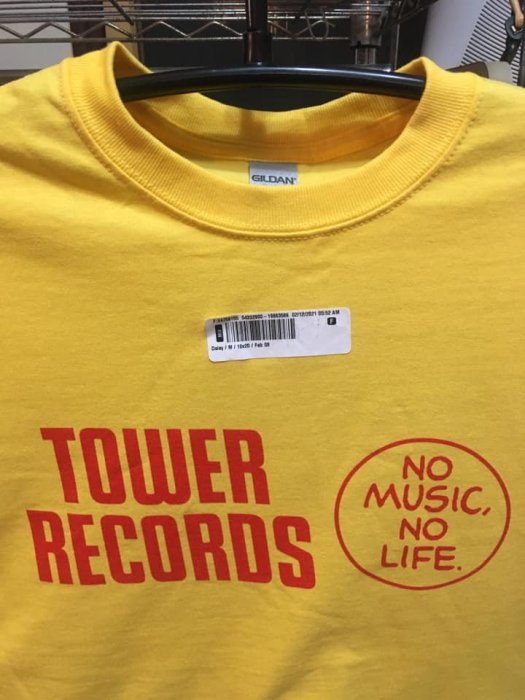 ##T恤 全新 TOWER RECORDS NO MUSIC, NO LIFE.黃版 限量S M