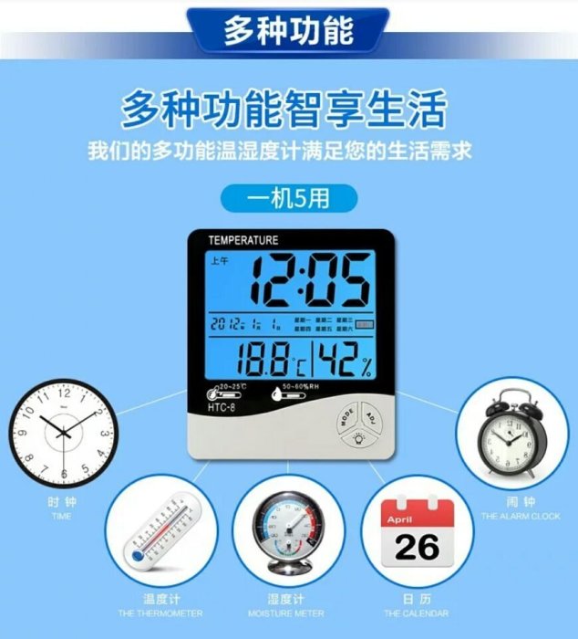HTC-8電子溫濕度計/多功能/室內室外/雙溫度顯示/夜光鬧鐘新台幣：298元