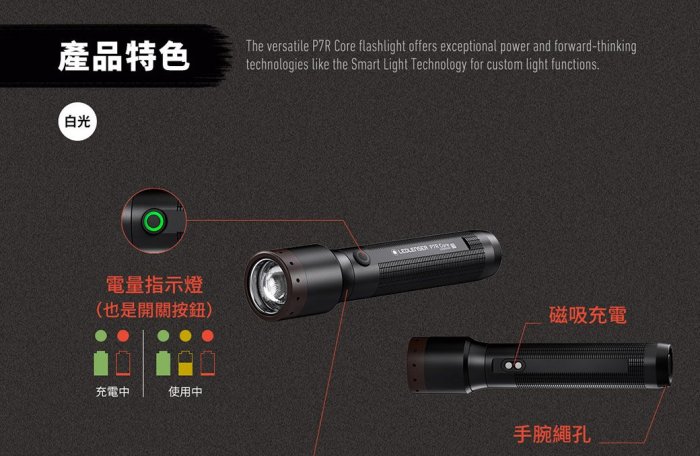 【LED Lifeway】Ledlenser P7R Core (公司貨) 充電式伸縮調焦手電筒 (1*21700)