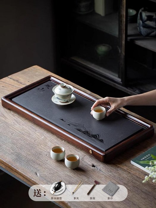 烏金石茶盤家用整塊2024新款實木茶托盤茶台排水式茶台干泡台茶海--三姨小屋
