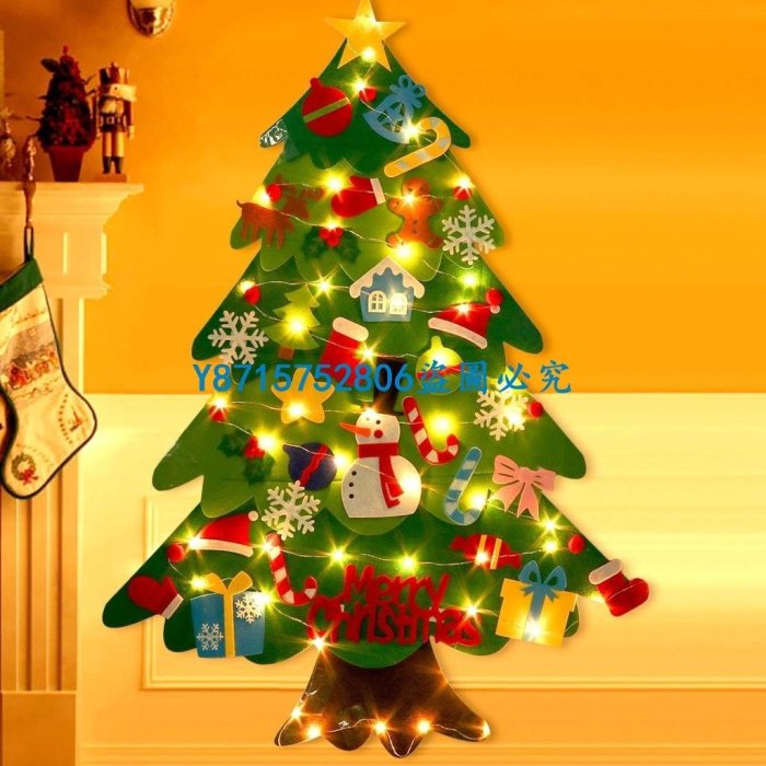 下殺-聖誕服裝 掛件 毛氈聖誕樹 3.2 英尺 DIY 壁掛聖誕樹 32pcs 飾品 50 Led 燈串聖誕節裝