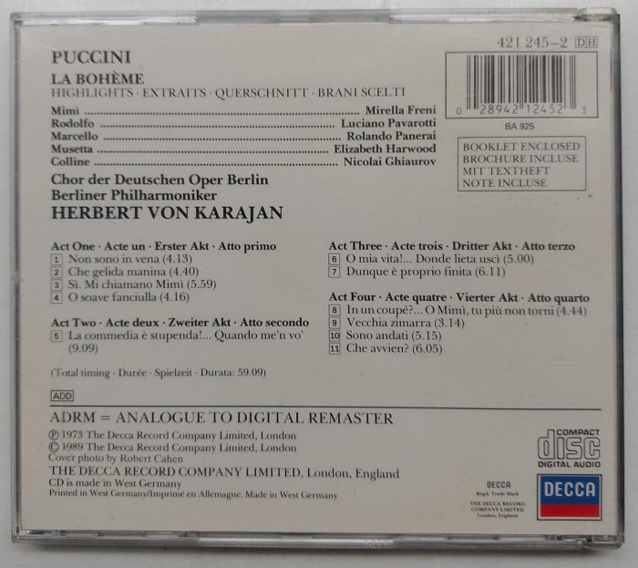 普契尼  PUCCINI   Karajan 卡拉揚 波西米亞人  德壓版 DECCA發行