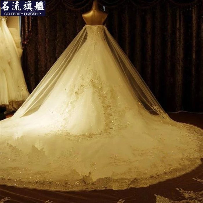 新款婚紗禮婚紗禮服新款婚紗禮服新娘2018冬季新款抹胸奢華鑽歐美大尺碼齊地宮廷公主長拖尾婚紗裙9月29日發完 T-名流