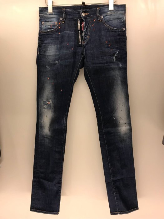 Dsquared2 slim jean 全新品雙拉鍊低腰合身小直筒牛仔褲44號潑漆皮革皮