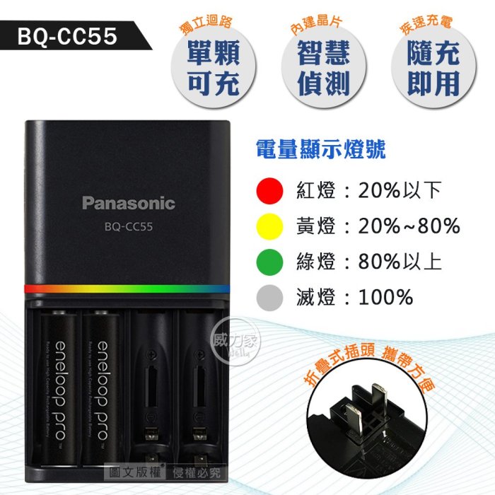 威力家 Panasonic eneloop pro 黑鑽疾速智控電池充電組(BQ-CC55充電器+4號2顆) AAA