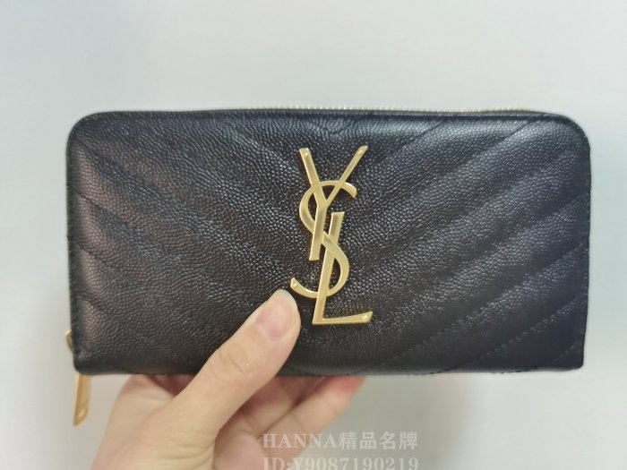 HANNA精品YSL Saint Laurent 聖羅蘭 牛皮 拉鏈長夾 金色logo皮夾女士錢包 358094 現貨