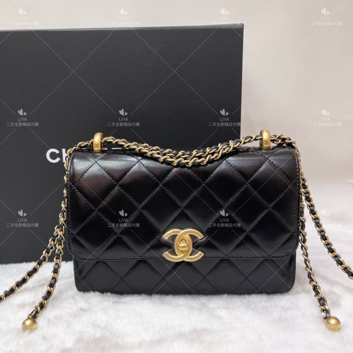 ♡莉亞精品♡CHANEL AS2649 全新品黑色金釦油臘牛皮翻蓋迷你雙金球可