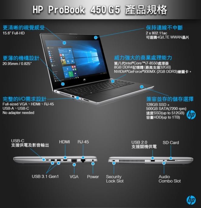HP Probook 450 G5 筆記型電腦i7-8550U 128GB SSD + 500GBHD 930MX獨顯
