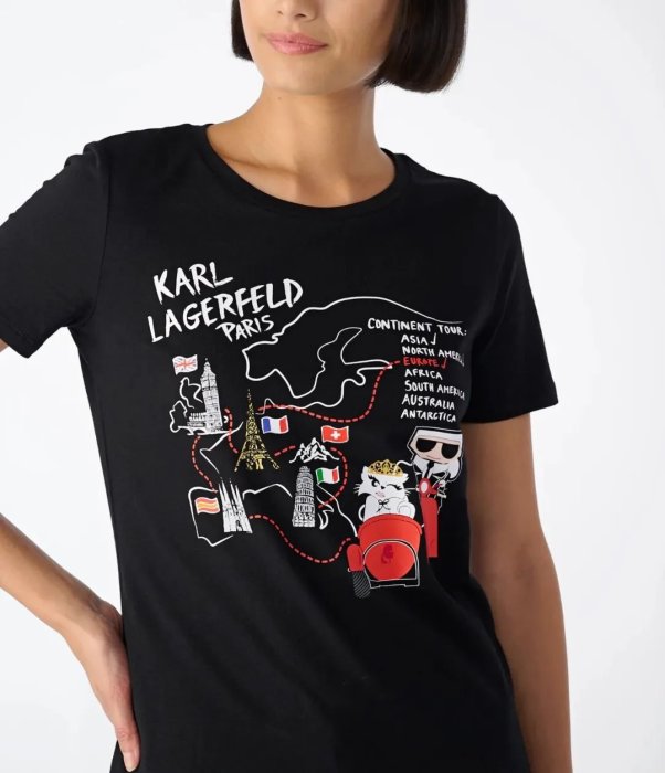 特價＝86號店=法國KARL LAGERFELD 舒適95%萊卡棉質彈性面料 品牌字體圖案印花 女短袖T恤  黑如圖色