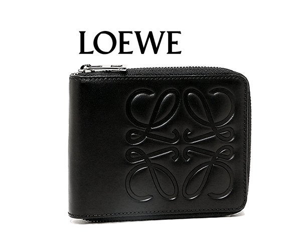 LOEWE  黑色真皮壓紋拉鍊短夾 錢包 皮夾 中性款｜100%全新正品｜特價!