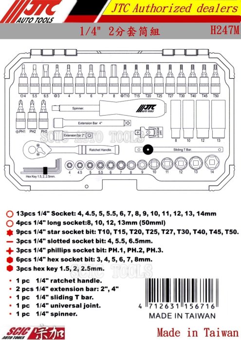 2分 1/4" 套筒47件組(公制) 2分套筒組 2分工具組 星型套筒 棘輪板手 ///SCIC JTC H247M