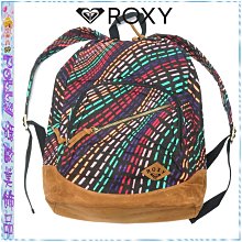 ☆POLLY媽☆ROXY Lately Multi Print Backpack線段波浪條紋黑底粗帆布/棕色麂皮後背包