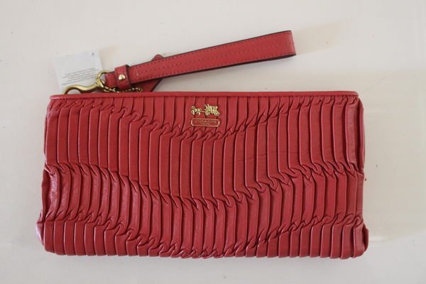 【美國精品館】COACH 46914 MADISON GATHERED LEATHER ZIP CLUTCH (橘) 專櫃馬車皺摺大手拿包/長夾