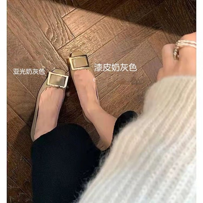 聯名好物-高級女鞋  春秋款軟皮方頭方扣平底鞋淺口復古芭蕾舞鞋中跟粗跟高跟單鞋女rv-全域代購