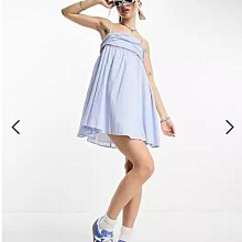 (嫻嫻屋) 英國ASOS-COLLUSION 藍色條紋平口領細肩帶娃娃裙洋裝AB24
