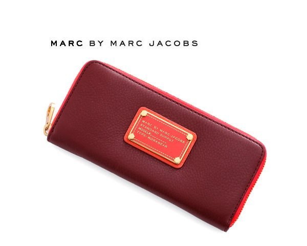 MARC BY MARC JACOBS►( 酒紅色×桃紅色 ×金色金屬) 拉鍊真皮長夾｜100%全新正品｜特價!