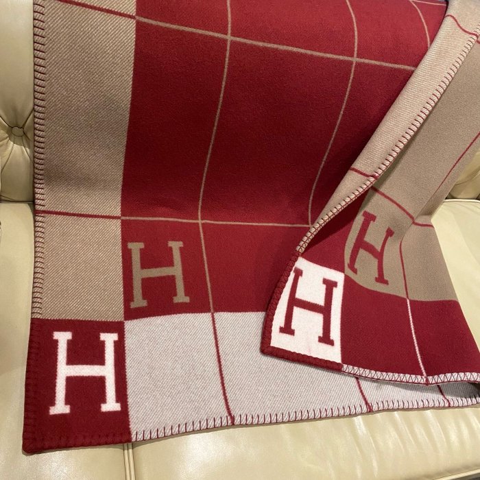 【翰貝格名牌館】全新真品 Hermes Avalon 酒紅色 H logo cashmere 沙發毯 羊毛毯