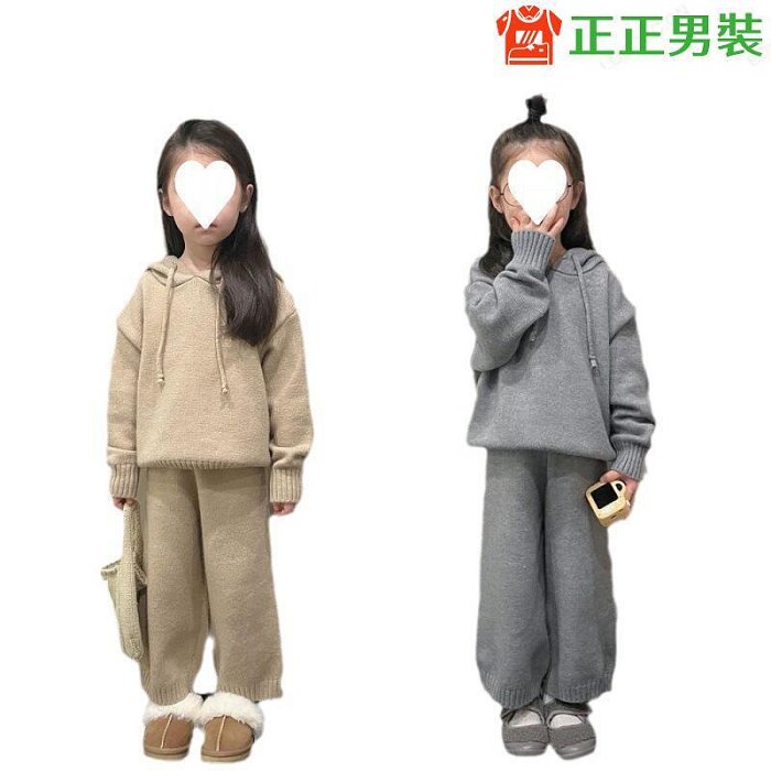 中小童韓國童裝兒童毛衣套裝2024冬季男女童加厚連帽針織兩件套~正正男裝