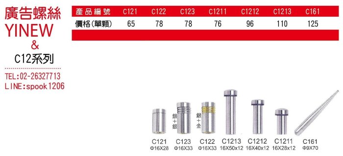 C121（16mm x 28mm) 壓克力海報夾配件/銅鏡珠/化妝螺絲/美化螺絲/廣告螺絲/銅扣