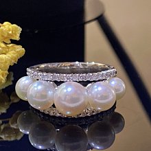 賠售美品設計款鏡面皮光天然AKOYA日本珍珠7.3-5.2MM配鑽.0.38克純白金鑽戒