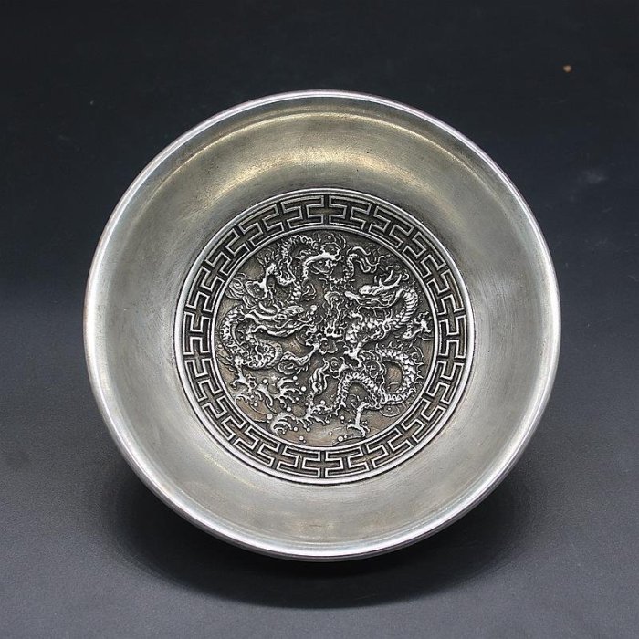 現貨熱銷-【紀念幣】古玩雜項收藏白銅鍍銀碗大清十二皇帝碗雙龍戲珠銅碗擺件