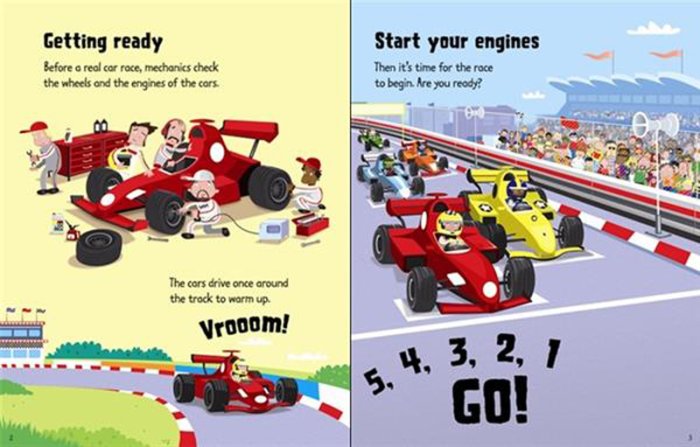 ＊小貝比的家＊USBORNE WIND-UP RACING CARS /硬頁書+小賽車/3~6歲/軌道書