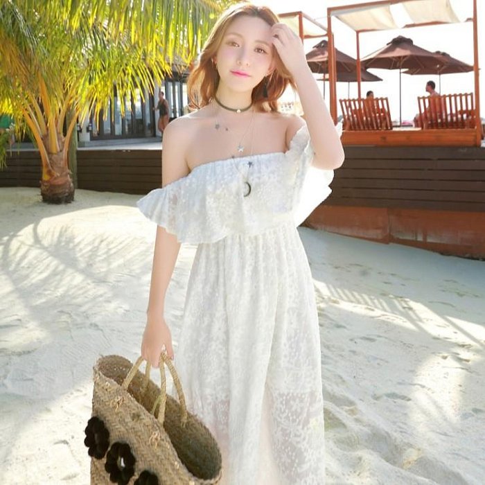 【九色情趣屋】Anniyo安妞一字領多穿法氣質浪漫海邊度假波西米亞長裙純色蕾絲沙灘裙連衣裙中長款洋裝‧白色