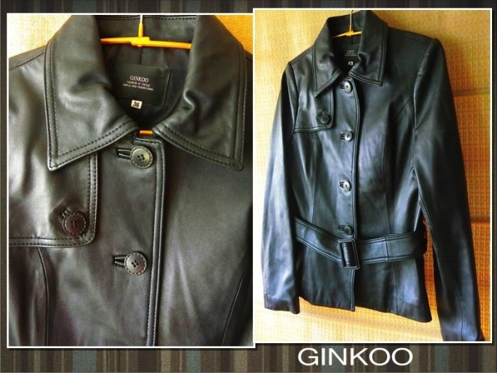 GINKOO 全小羊皮 黑色羊皮 附腰帶鈕扣式中長合身版 修身柔軟舒適 經典風衣款羊皮外套