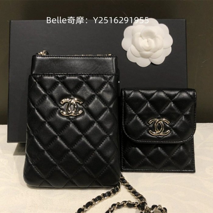 Belle二手正品 CHANEL 香奈兒 手機包 二合一 小羊皮 黑色 斜挎包 小皮夾 現貨 AP1191