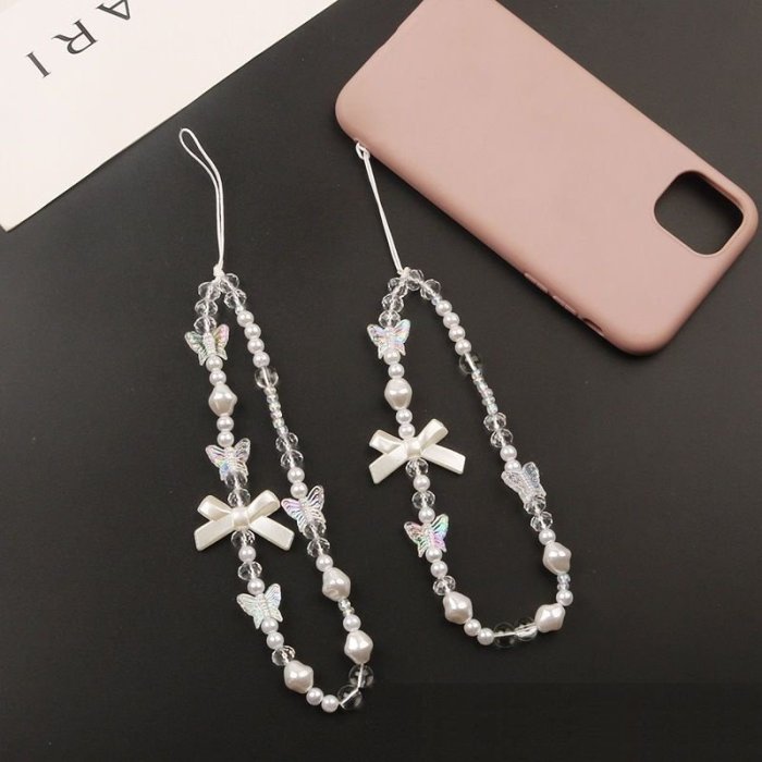 diy手機掛繩短版女創意蝴蝶結白色珍珠鏈手機殼掛鏈配件包包裝飾