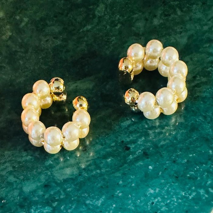 SHASHI 紐約品牌 Pema Double 金色雙層珍珠耳環 簡約C形耳環夾 無耳洞女孩必備