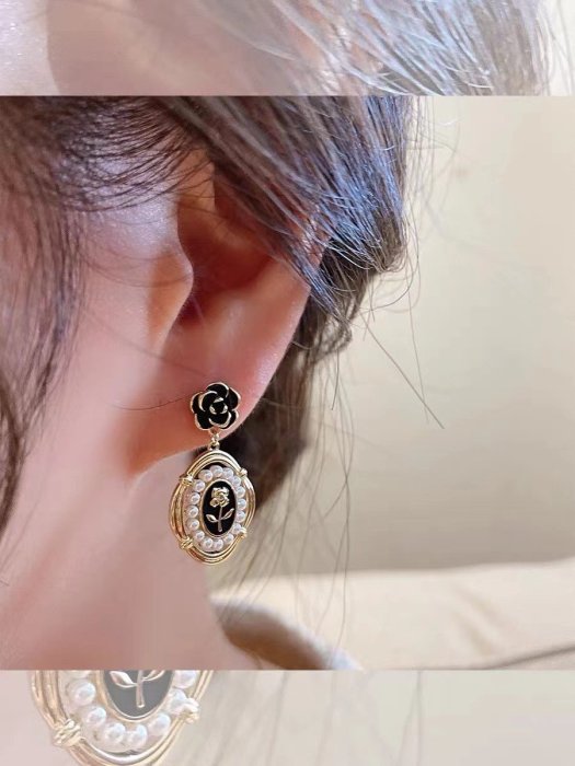 韓國 925純銀 珍珠 玫瑰 氣質 耳針式耳環