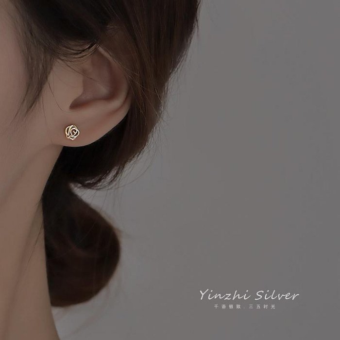 S925純銀法式鏤空小玫瑰耳環優雅迷你簡約優雅耳環少女新款耳環-寶藏包包