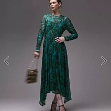 (嫻嫻屋) 英國ASOS-Topshop 圓領長袖皺褶設計不規則中長裙印花綠色洋裝ED23