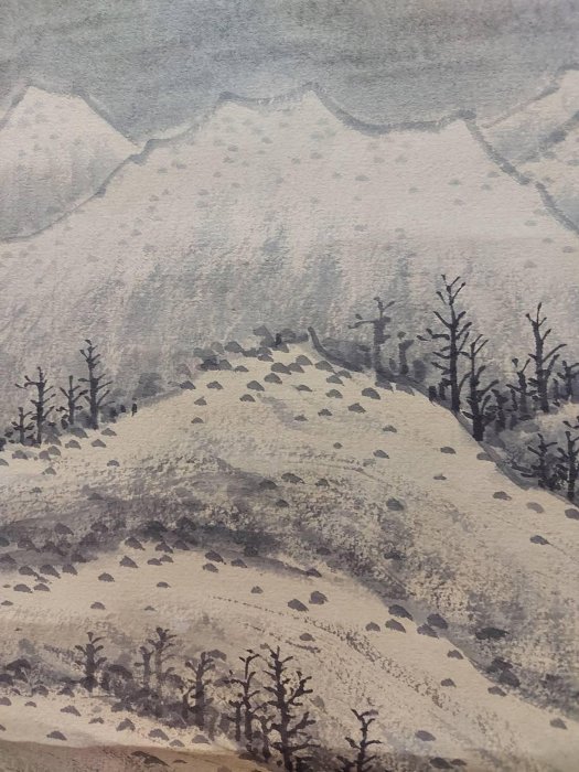 黃君璧 （1898-1991 ） 癸丑年（1973年）作溪山雪霽立軸設色紙本    黃君璧渡台之後，作品題材以飛瀑白雲最為常見，但對昔年生活的追念亦偶涉筆下，如