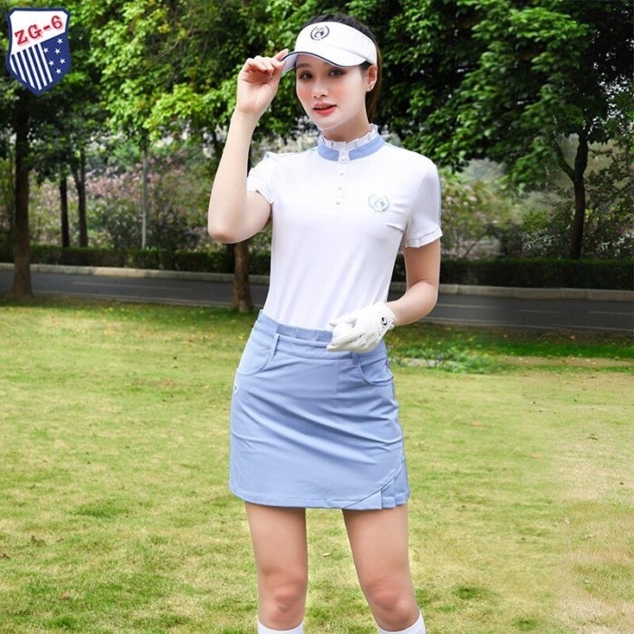 現貨熱銷-高爾夫配件ZG6高爾夫女裝夏球服套裝女白色短袖高彈T恤防走光淺藍短網球裙子YP3039