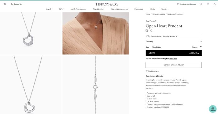 (全新) Tiffany PT950 Open Heart  (M) 愛心滿鑽項鍊,原價48萬