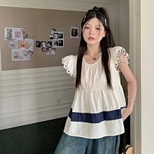 Maisobo 韓系 春夏 法式甜美小飛袖襯衫夏季設計感杏色上衣 色  TO-269  預購