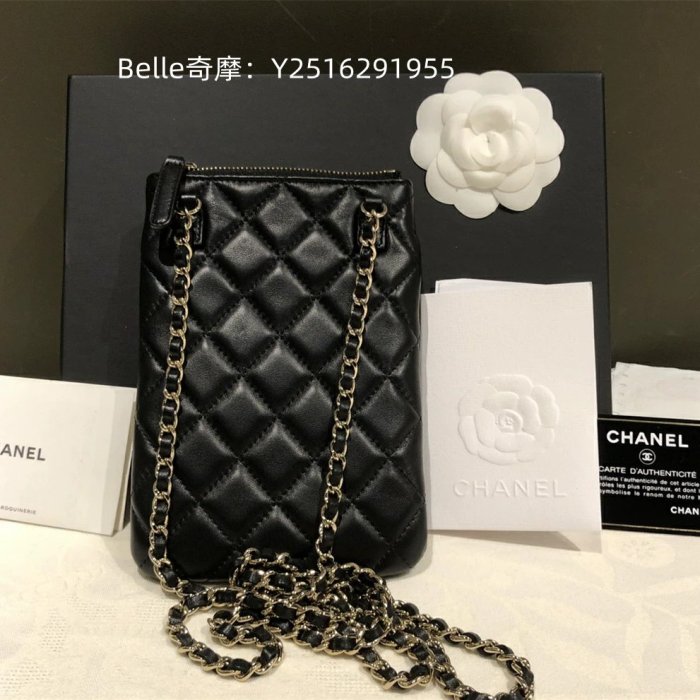 Belle二手正品 CHANEL 香奈兒 手機包 二合一 小羊皮 黑色 斜挎包 小皮夾 現貨 AP1191