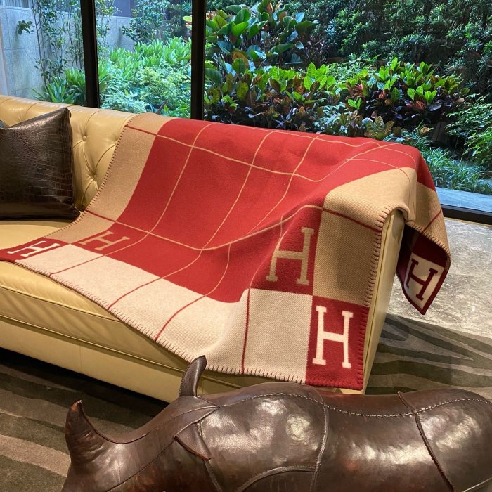 【翰貝格名牌館】全新真品 Hermes Avalon 酒紅色 H logo cashmere 沙發毯 羊毛毯