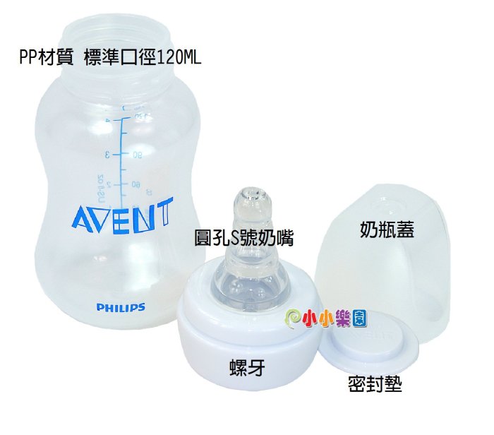 AVENT標準口徑120ML PP奶瓶(白色螺牙裸瓶)拆吸乳器多奶瓶，下殺49元，本檔加贈奶瓶座*小小樂園*