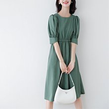 歐單 新款 氣質復古綠條紋 宮廷風五分泡泡袖 超好穿圓領收腰A字裙連身洋裝 (K1179)