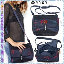 ☆POLLY媽☆歐美ROXY玫紅花卉藍綠棕梠葉圖案深藍色帆布/黑色麂皮可調背帶斜背包26×24×底10cm