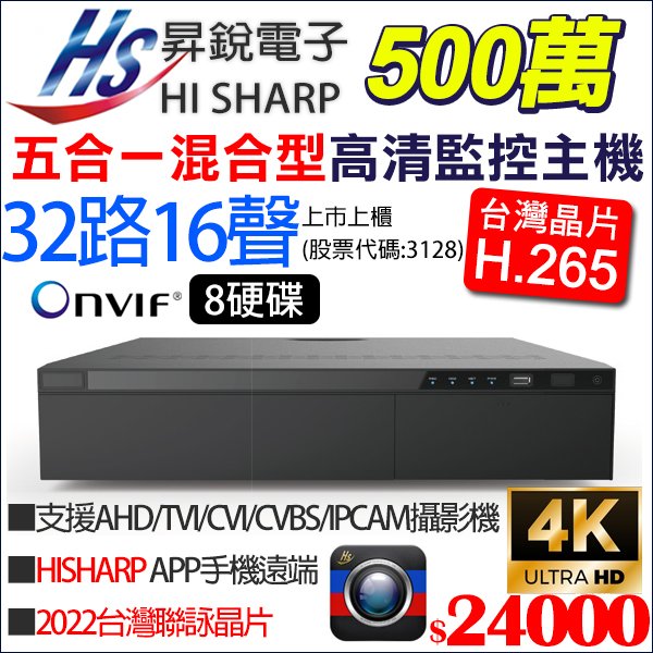 H.265 昇銳電子 32路 16聲 5MP 500萬 4K輸出 8硬碟 台灣製 監視器 HS-HK3382