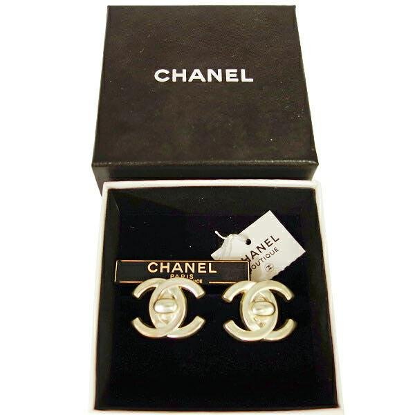 Chanel vintage香奈兒復古中性款經典銀色書包釦古董夾式耳環 耳釦