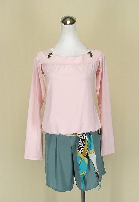 貞新 pipi Group 設計師 粉紅圓領長袖棉質上衣M號+Doua 粉綠棉質短褲L號(72632)