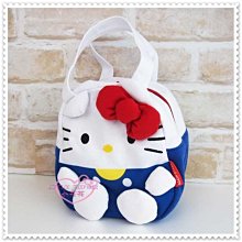 小花花日本精品♥Hello Kitty 藍色/白色 全身坐姿造型 紅色立體蝴蝶結 手提袋 手提包 41128701